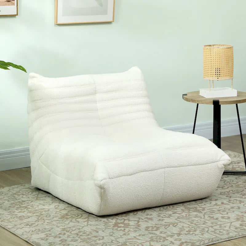 Fauteuil de sol en molleton Teddy marron / gris clair / blanc crème avec capitonnage à canaux et dossier trapézoïdal, 1 place