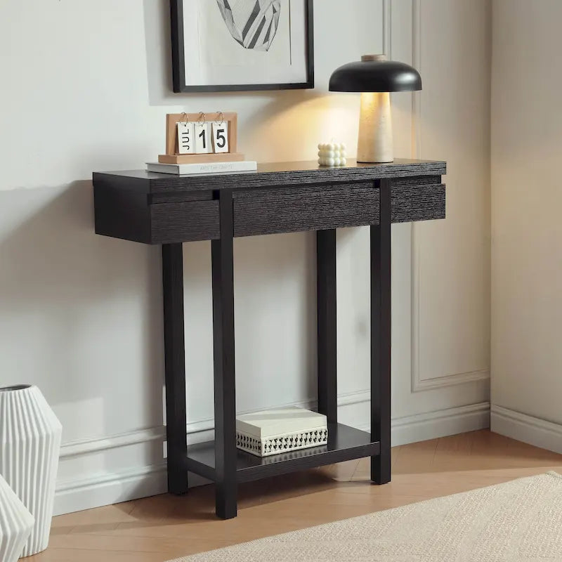 Console en bois expresso avec 1 tiroir dissimulé, étagère ouverte et piètement en bois