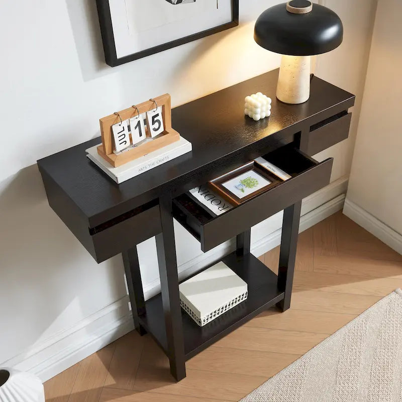 Console en bois expresso avec 1 tiroir dissimulé, étagère ouverte et piètement en bois