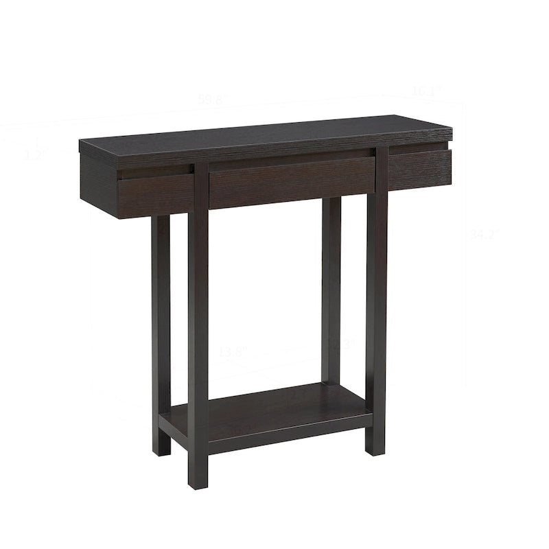 Console en bois expresso avec 1 tiroir dissimulé, étagère ouverte et piètement en bois