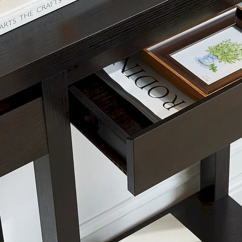 Console en bois expresso avec 1 tiroir dissimulé, étagère ouverte et piètement en bois