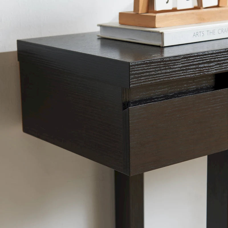Console en bois expresso avec 1 tiroir dissimulé, étagère ouverte et piètement en bois