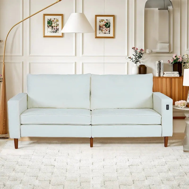 Causeuse en chenille beige/noir/vert/caramel avec accoudoirs carrés, ports USB et coussins amovibles, 2 places, 82 po de large