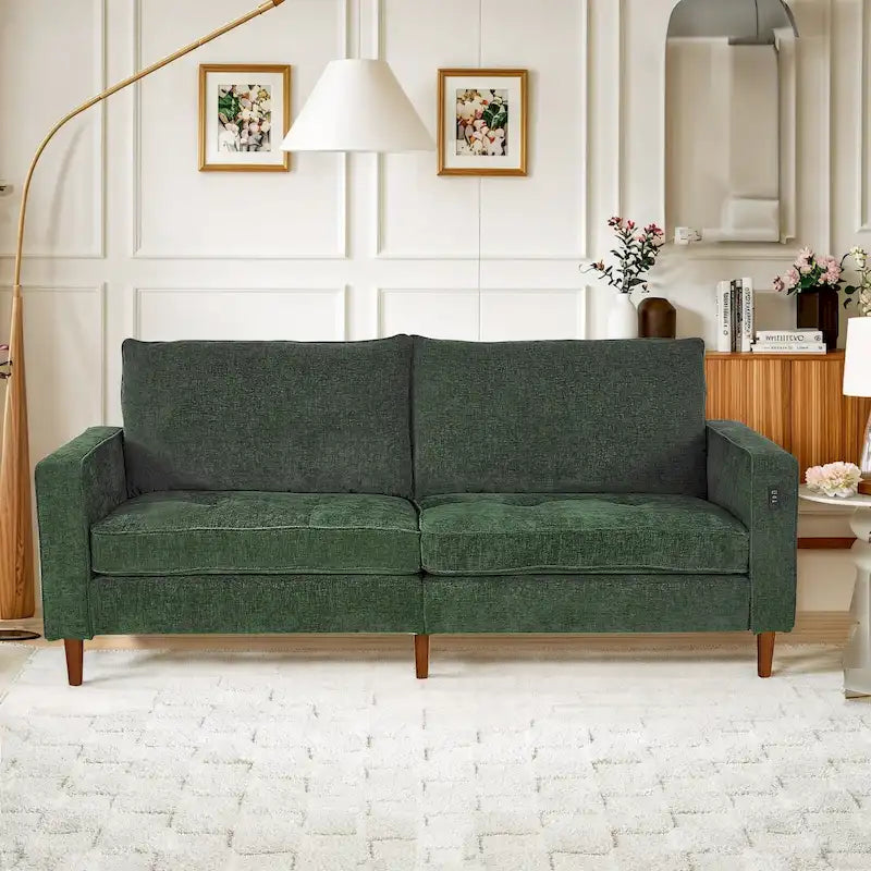 Causeuse en chenille beige/noir/vert/caramel avec accoudoirs carrés, ports USB et coussins amovibles, 2 places, 82 po de large