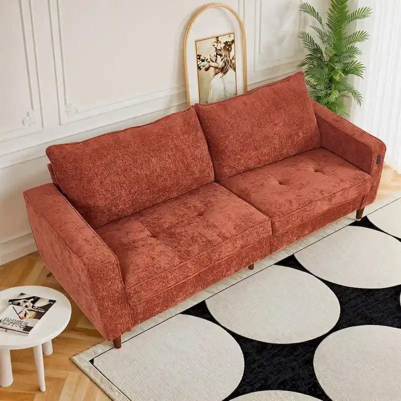 Causeuse en chenille beige/noir/vert/caramel avec accoudoirs carrés, ports USB et coussins amovibles, 2 places, 82 po de large