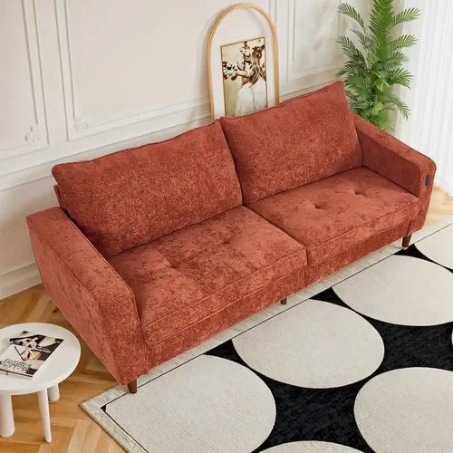 Causeuse en chenille beige/noir/vert/caramel avec accoudoirs carrés, ports USB et coussins amovibles, 2 places, 82 po de large