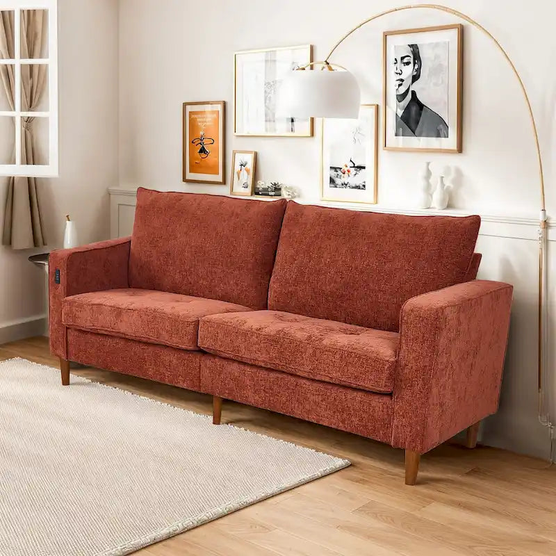 Causeuse en chenille beige/noir/vert/caramel avec accoudoirs carrés, ports USB et coussins amovibles, 2 places, 82 po de large