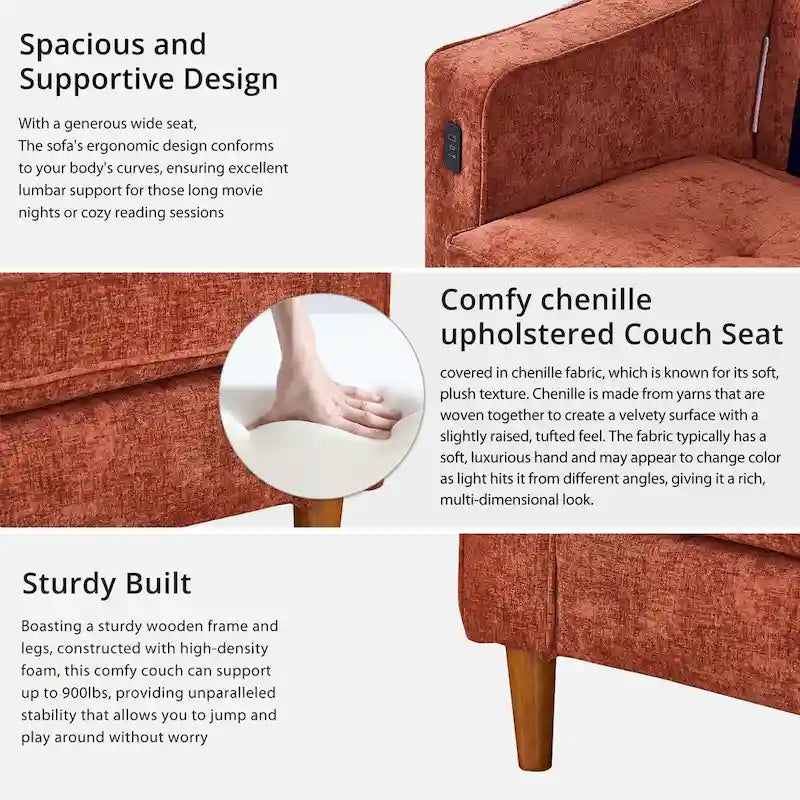 Causeuse en chenille beige/noir/vert/caramel avec accoudoirs carrés, ports USB et coussins amovibles, 2 places, 82 po de large