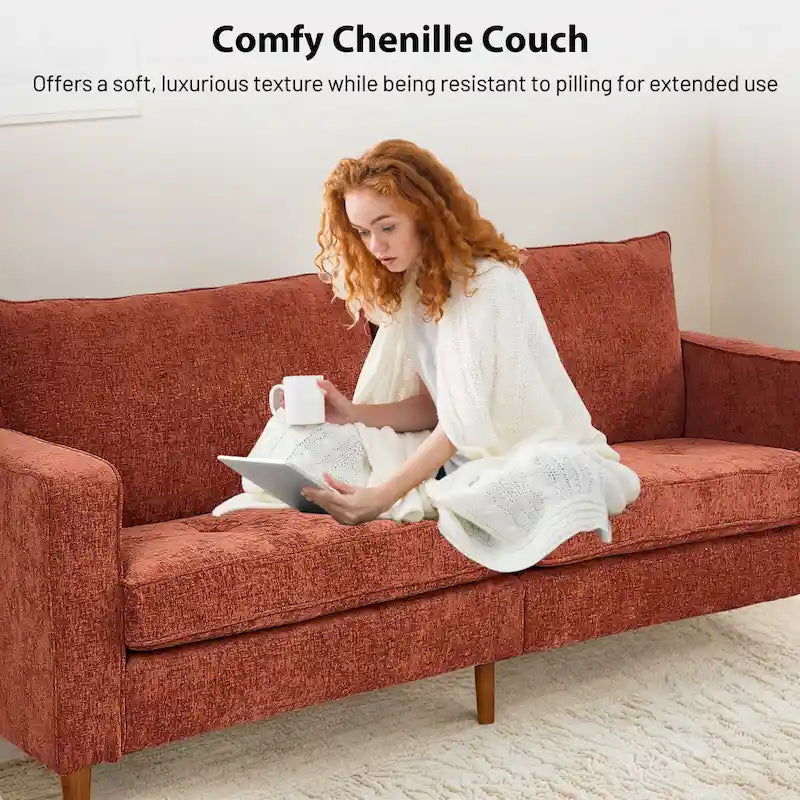 Causeuse en chenille beige/noir/vert/caramel avec accoudoirs carrés, ports USB et coussins amovibles, 2 places, 82 po de large