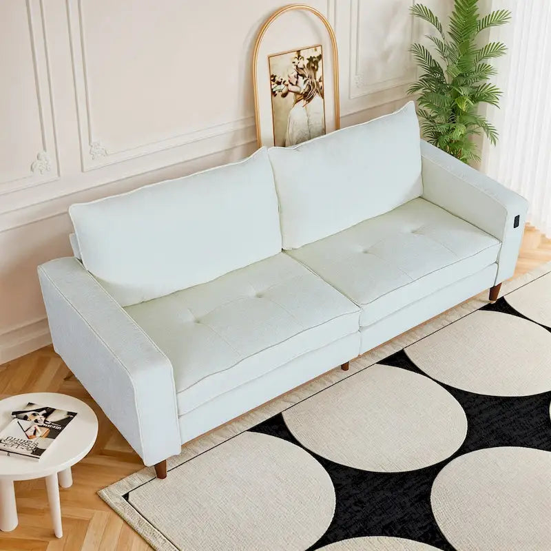 Causeuse en chenille beige/noir/vert/caramel avec accoudoirs carrés, ports USB et coussins amovibles, 2 places, 82 po de large