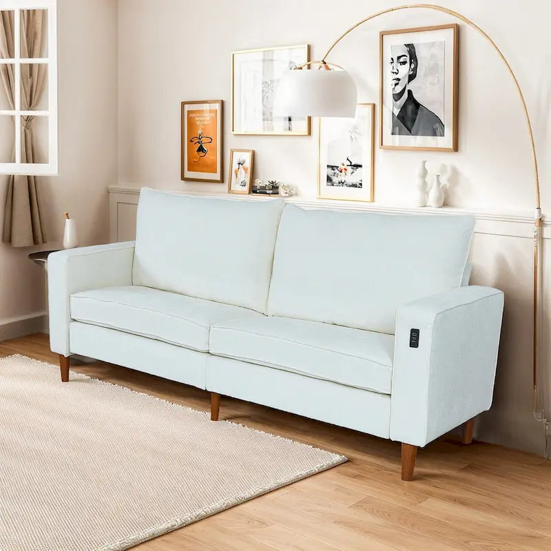 Causeuse en chenille beige/noir/vert/caramel avec accoudoirs carrés, ports USB et coussins amovibles, 2 places, 82 po de large