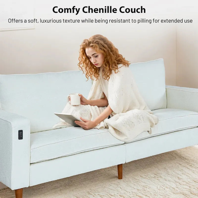 Causeuse en chenille beige/noir/vert/caramel avec accoudoirs carrés, ports USB et coussins amovibles, 2 places, 82 po de large
