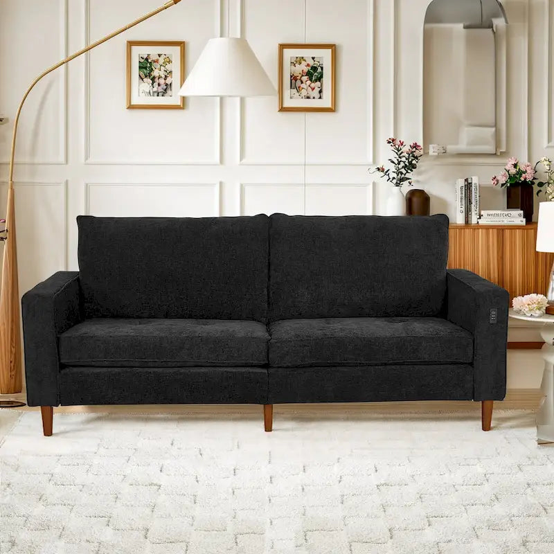 Causeuse en chenille beige/noir/vert/caramel avec accoudoirs carrés, ports USB et coussins amovibles, 2 places, 82 po de large