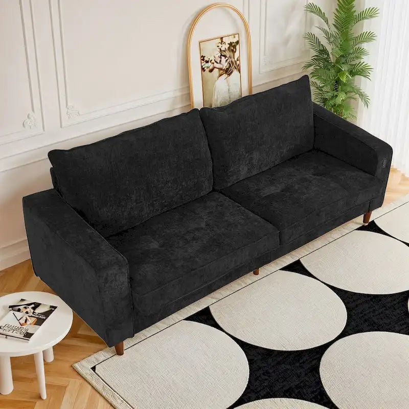 Causeuse en chenille beige/noir/vert/caramel avec accoudoirs carrés, ports USB et coussins amovibles, 2 places, 82 po de large