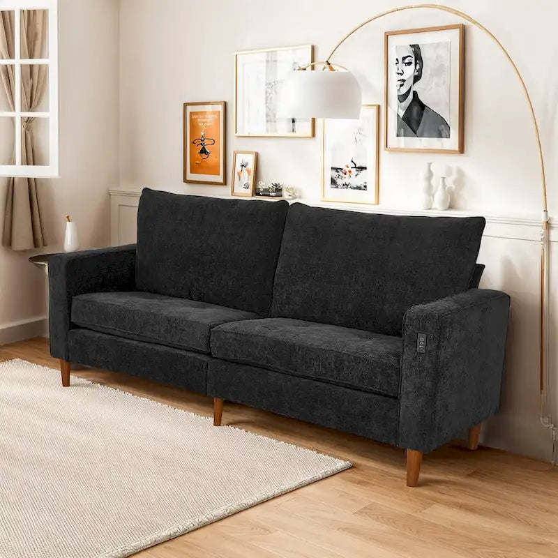 Causeuse en chenille beige/noir/vert/caramel avec accoudoirs carrés, ports USB et coussins amovibles, 2 places, 82 po de large