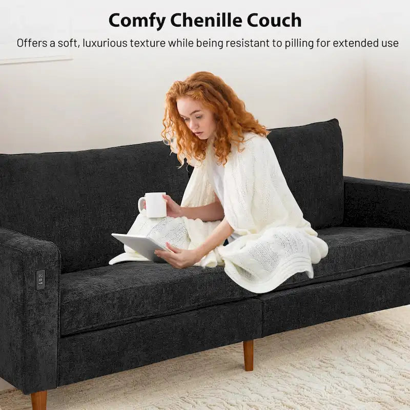 Causeuse en chenille beige/noir/vert/caramel avec accoudoirs carrés, ports USB et coussins amovibles, 2 places, 82 po de large