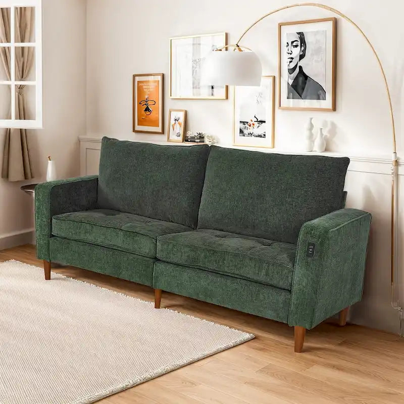 Causeuse en chenille beige/noir/vert/caramel avec accoudoirs carrés, ports USB et coussins amovibles, 2 places, 82 po de large