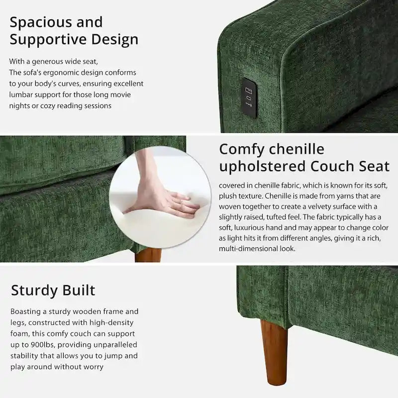 Causeuse en chenille beige/noir/vert/caramel avec accoudoirs carrés, ports USB et coussins amovibles, 2 places, 82 po de large
