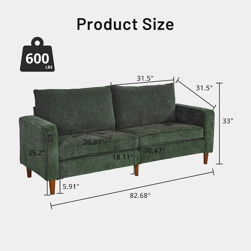 Causeuse en chenille beige/noir/vert/caramel avec accoudoirs carrés, ports USB et coussins amovibles, 2 places, 82 po de large