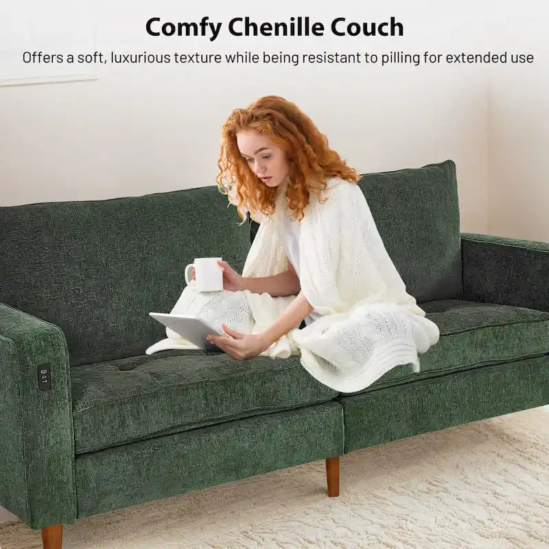Causeuse en chenille beige/noir/vert/caramel avec accoudoirs carrés, ports USB et coussins amovibles, 2 places, 82 po de large