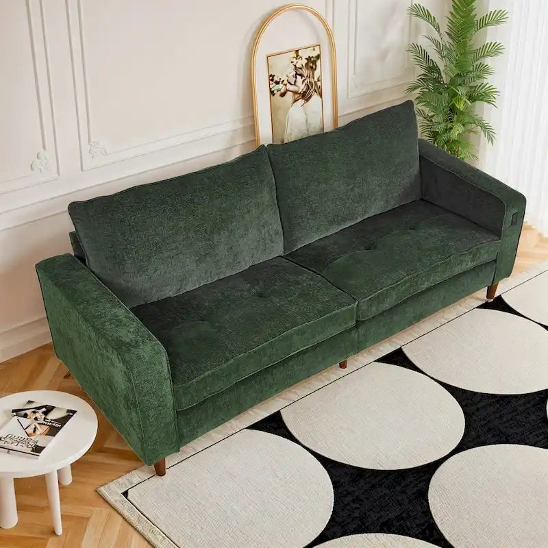 Causeuse en chenille beige/noir/vert/caramel avec accoudoirs carrés, ports USB et coussins amovibles, 2 places, 82 po de large
