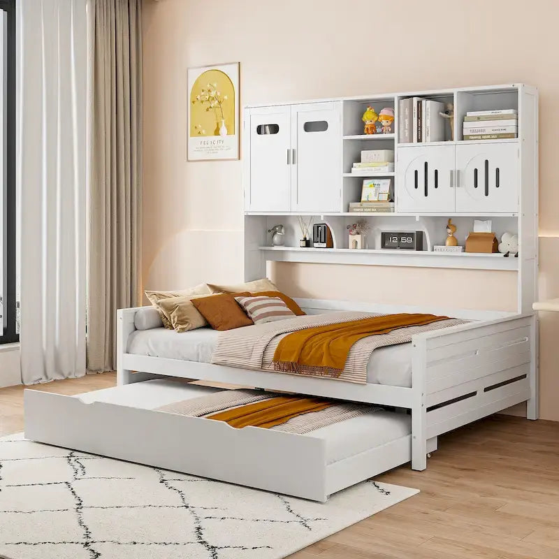 Lit de repos double en bois massif blanc avec lit gigogne double, étagères et armoires intégrées, 2 couchages
