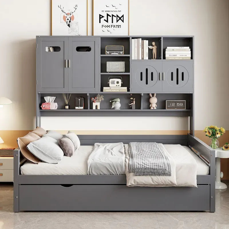 Lit de repos double en bois massif blanc avec lit gigogne double, étagères et armoires intégrées, 2 couchages
