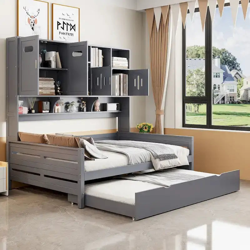 Lit de repos double en bois massif blanc avec lit gigogne double, étagères et armoires intégrées, 2 couchages