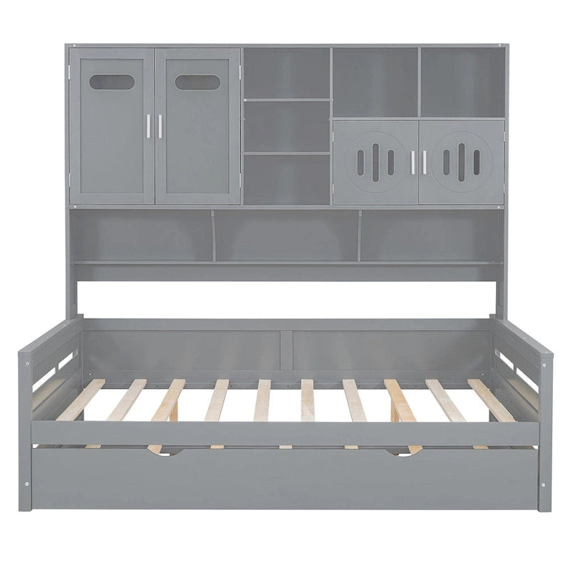 Lit de repos double en bois massif blanc avec lit gigogne double, étagères et armoires intégrées, 2 couchages