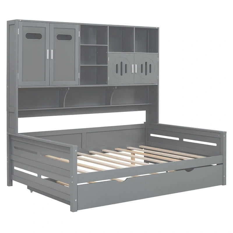 Lit de repos double en bois massif blanc avec lit gigogne double, étagères et armoires intégrées, 2 couchages