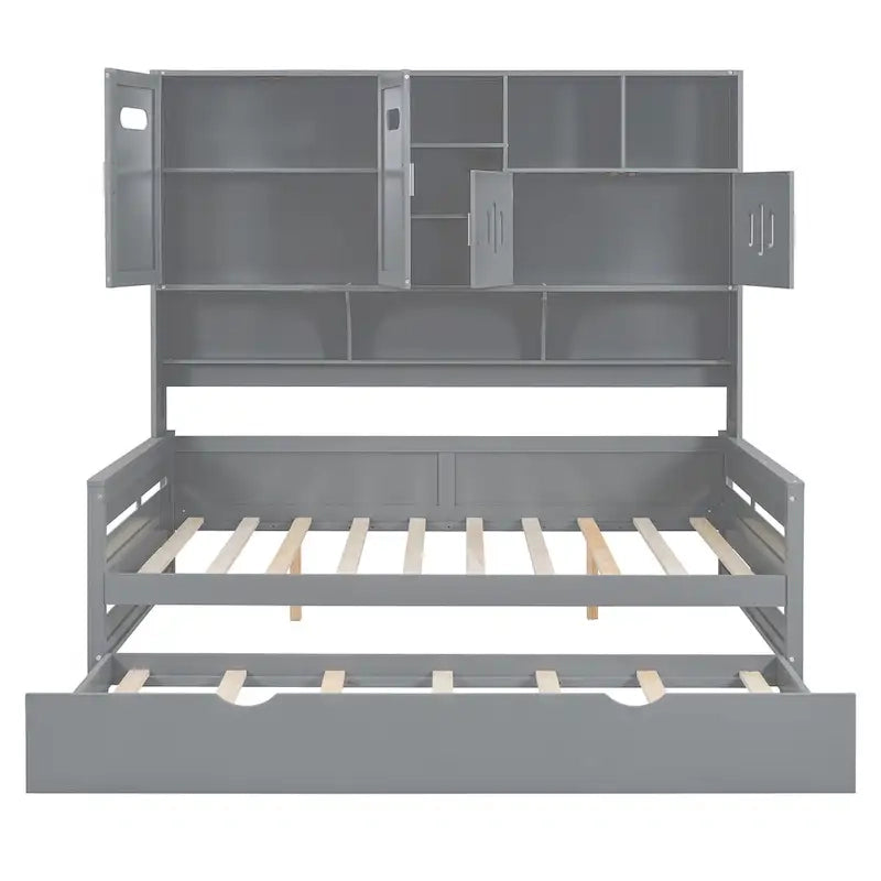Lit de repos double en bois massif blanc avec lit gigogne double, étagères et armoires intégrées, 2 couchages