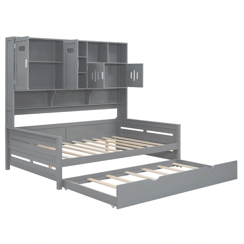 Lit de repos double en bois massif blanc avec lit gigogne double, étagères et armoires intégrées, 2 couchages
