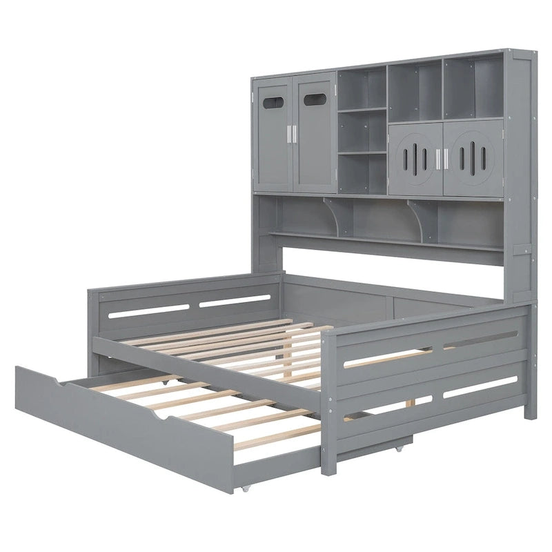 Lit de repos double en bois massif blanc avec lit gigogne double, étagères et armoires intégrées, 2 couchages