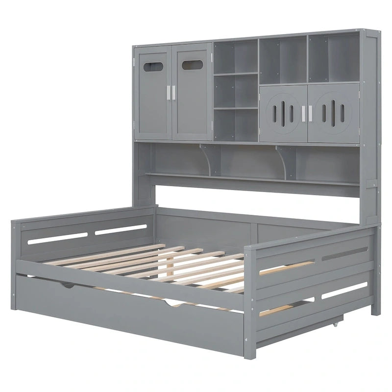 Lit de repos double en bois massif blanc avec lit gigogne double, étagères et armoires intégrées, 2 couchages