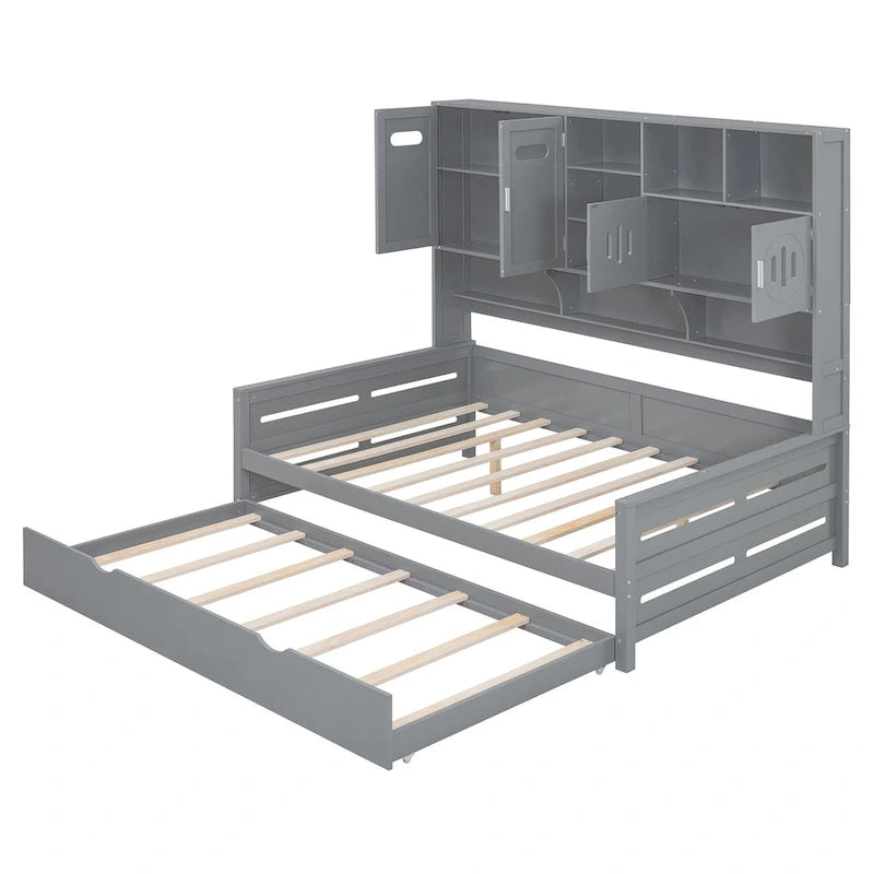 Lit de repos double en bois massif blanc avec lit gigogne double, étagères et armoires intégrées, 2 couchages