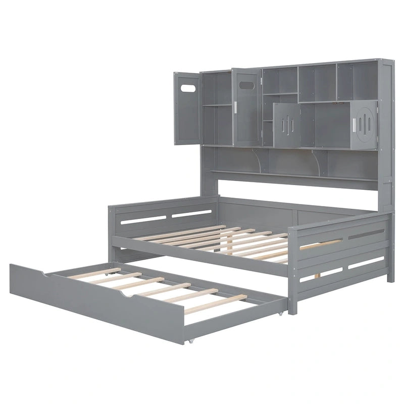 Lit de repos double en bois massif blanc avec lit gigogne double, étagères et armoires intégrées, 2 couchages