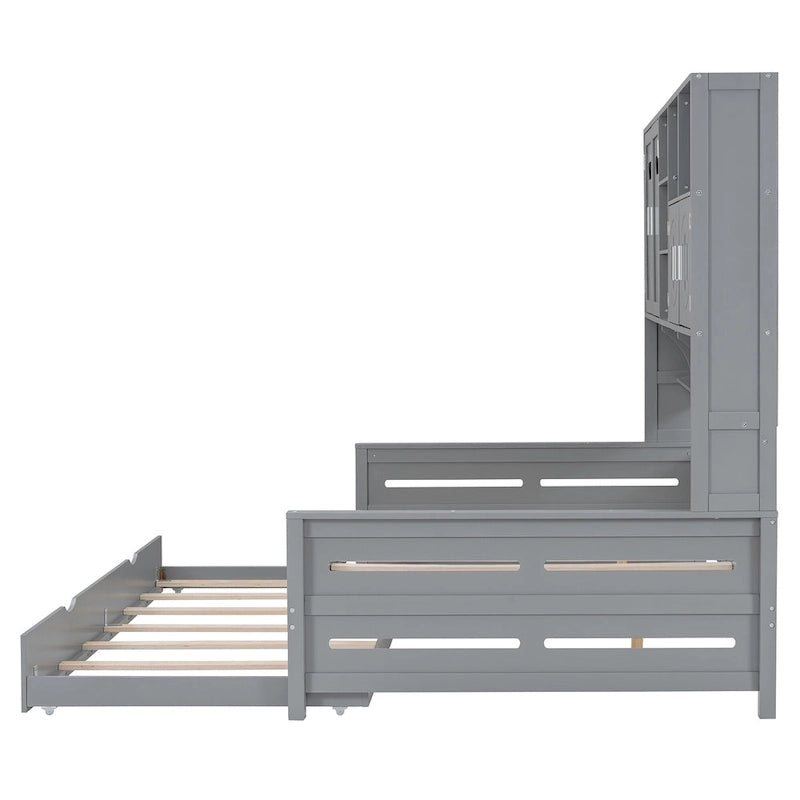 Lit de repos double en bois massif blanc avec lit gigogne double, étagères et armoires intégrées, 2 couchages