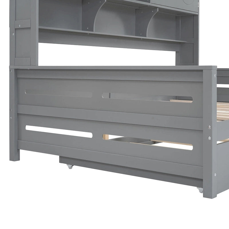Lit de repos double en bois massif blanc avec lit gigogne double, étagères et armoires intégrées, 2 couchages