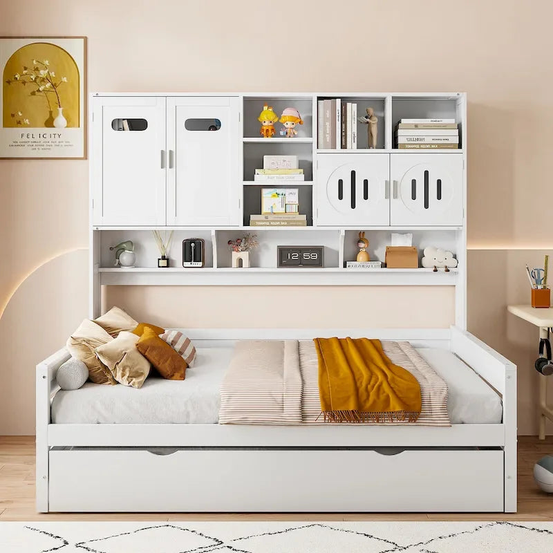 Lit de repos double en bois massif blanc avec lit gigogne double, étagères et armoires intégrées, 2 couchages