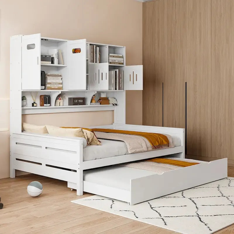 Lit de repos double en bois massif blanc avec lit gigogne double, étagères et armoires intégrées, 2 couchages