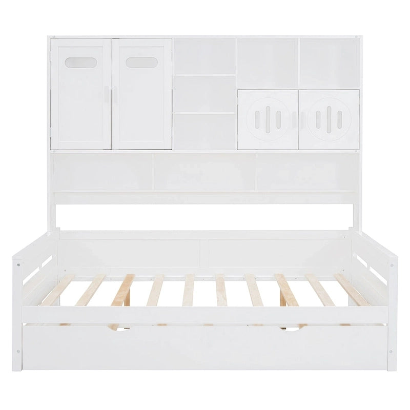 Lit de repos double en bois massif blanc avec lit gigogne double, étagères et armoires intégrées, 2 couchages