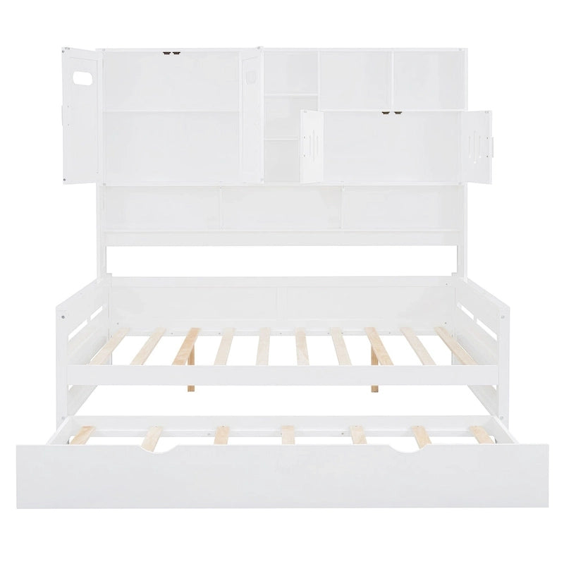 Lit de repos double en bois massif blanc avec lit gigogne double, étagères et armoires intégrées, 2 couchages