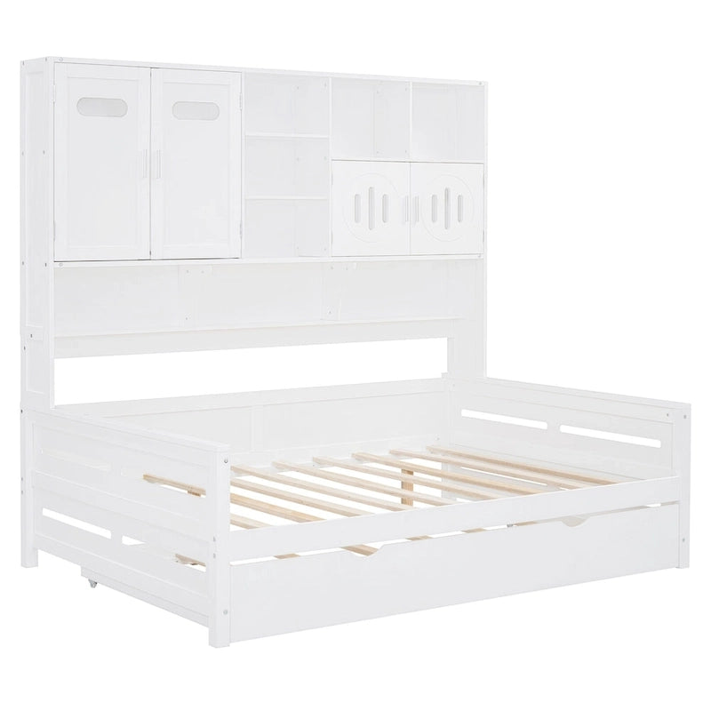 Lit de repos double en bois massif blanc avec lit gigogne double, étagères et armoires intégrées, 2 couchages