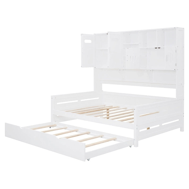Lit de repos double en bois massif blanc avec lit gigogne double, étagères et armoires intégrées, 2 couchages