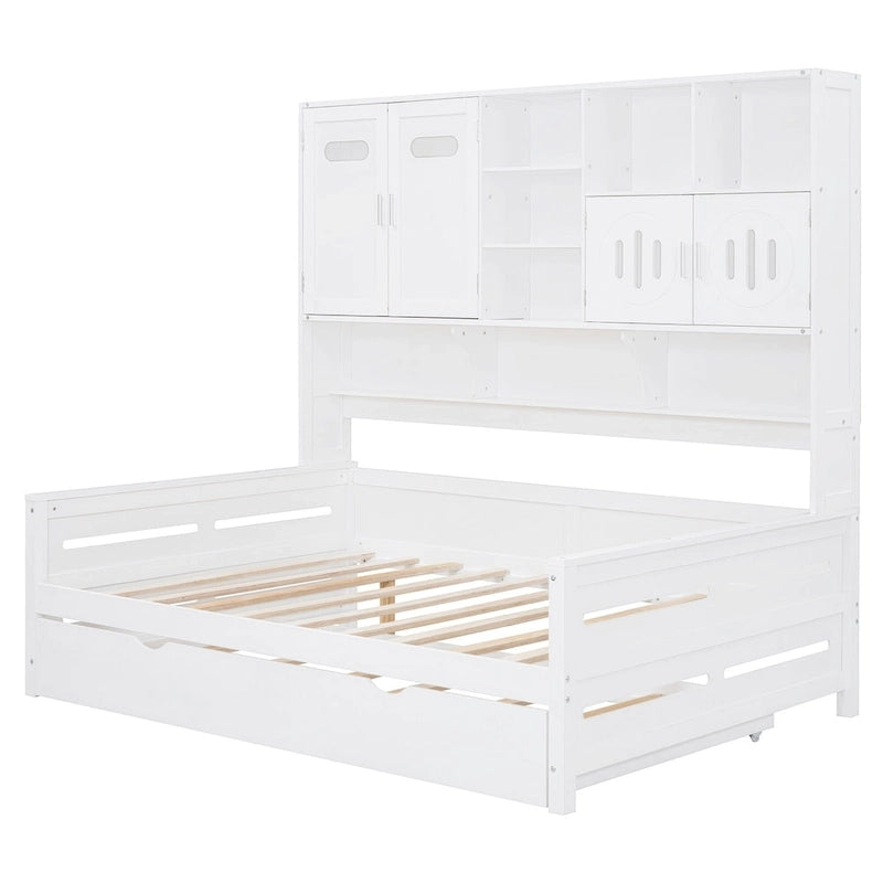 Lit de repos double en bois massif blanc avec lit gigogne double, étagères et armoires intégrées, 2 couchages