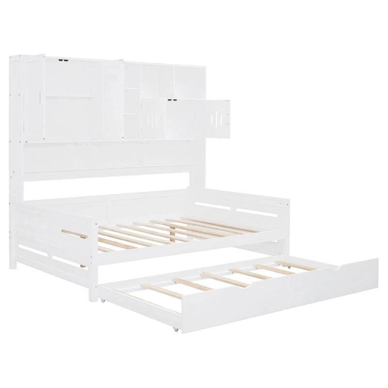 Lit de repos double en bois massif blanc avec lit gigogne double, étagères et armoires intégrées, 2 couchages