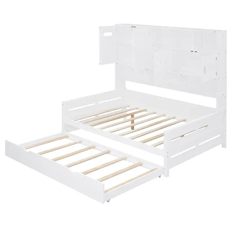 Lit de repos double en bois massif blanc avec lit gigogne double, étagères et armoires intégrées, 2 couchages