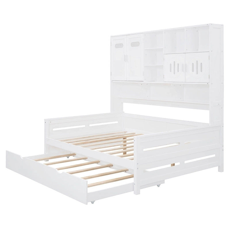 Lit de repos double en bois massif blanc avec lit gigogne double, étagères et armoires intégrées, 2 couchages