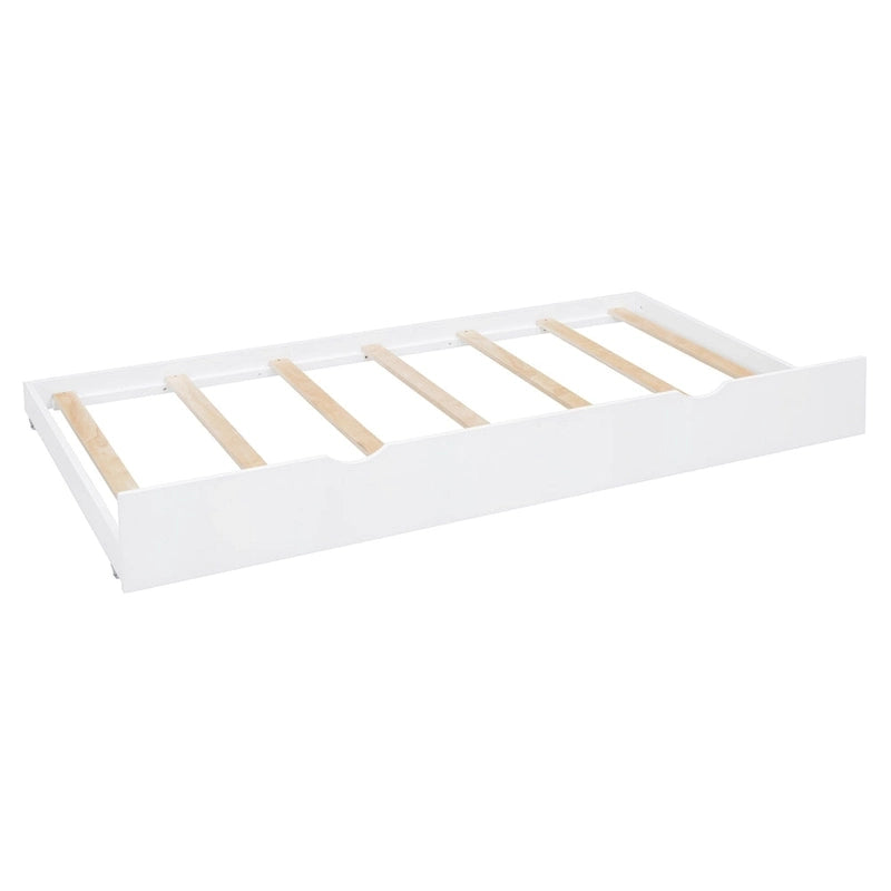 Lit de repos double en bois massif blanc avec lit gigogne double, étagères et armoires intégrées, 2 couchages
