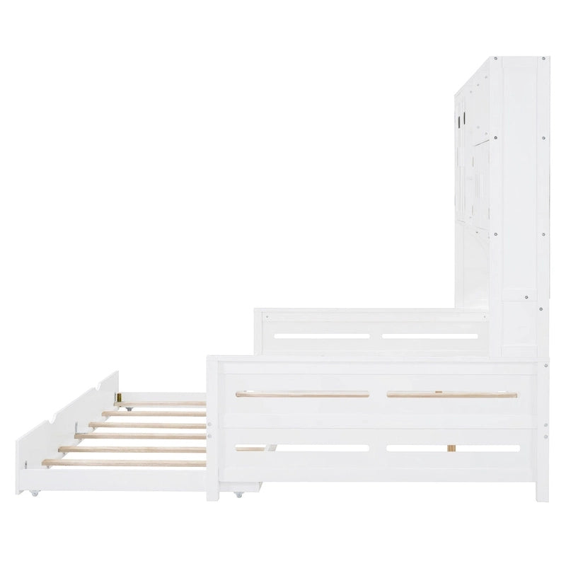 Lit de repos double en bois massif blanc avec lit gigogne double, étagères et armoires intégrées, 2 couchages